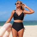 Two-piece black bikini set with V-neck wrap top and high-waisted side tie bottoms - S / Black