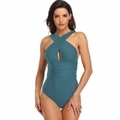 Detail of teal halter one-piece swimsuit with cutout front and slimming ruched waist - S / Dark Blue