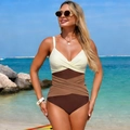 Detail of cross-wrap halter neck and three-tone color block on slimming one-piece swimsuit - S / Brown Contrast