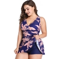 Detail of plus size floral print swimwear with V-neck design and skirted bottom style - L / Blue with Purple Flowers