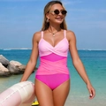 Detail of V-neck one-piece swimsuit featuring pink color-blocking and crossover pleats - S / Pink Patchwork