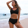 Detail of black bikini top with wrap twist design and adjustable side drawstring bottoms - S / Top And Bottom / Black