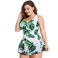 Detail of plus size tankini with tropical monstera leaf print and modest skirt hemline - S / White Monstera Print