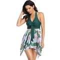 Detail of plus size halter bikini with mesh skirt and tropical floral leaf print - S / Top And Bottom / Green Leaf Pattern