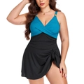Plus size blue and black ribbed one-piece swimdress with gold ring and side ties - L / Black + Peacock Green