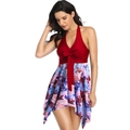 Detail of high-waist floral swim skirt with bow-knot halter neck swimsuit in red - S / Top And Bottom / Red Flower