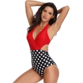 Detail of red halter top and black white polka dot cutout one-piece swimsuit - S / Red Polka Dot