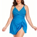 Blue plus size one-piece swimdress with ribbed texture and gold ring hardware - L / Malachite green