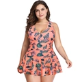 Detail of plus size tankini swimdress with vibrant tropical leaf print and V-neckline - S / Neon Orange Floral