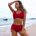 Detail of red high-waisted bikini with side drawstring and wrap-style V-neck top - 2XL / Top And Bottom / Burgundy
