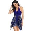 Detail of navy halter swimsuit with crisscross bow and tropical mesh floral skirt - S / Top And Bottom / Navy Leaves