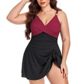 Plus size one-piece swimdress with wine red V-neck top and black pleated skirt - L / Black and Wine Red