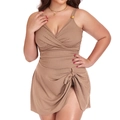 Maillot de bain grande taille moka élégant avec texture côtelée et jupe portefeuille - 3XL / Café Clair