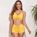 Yellow ribbed two-piece bikini set with ruched drawstring top and V-waist boyshorts - S / Yellow