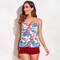 Detail of floral tankini top with knot chest and matching solid red boyleg bottoms - S / Burgundy