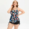 Detail of plus size tankini featuring vibrant tropical floral print and tiered ruffles - 4XL / Black with Floral