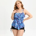 Detail of plus size tankini with snake print ruffled top and side-tie black shorts - 5XL / Blue Snake Skin