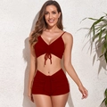 Close-up of ribbed dark red two-piece bikini set with drawstring details and texture - S / Burgundy