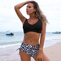 Detail of high waist leopard print bikini bottom with side drawstring and black top - S / Top And Bottom / Black Leopard
