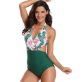 Women's one-piece swimsuit with tropical floral print and cut-out waist design - S / Green Floral