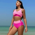 Detail of high waist bikini bottom with lace-up side ties and pink patchwork design - S / Pink