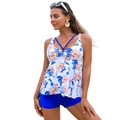Damen Tankini-Set mit floralem Oberteil und königsblauer Panty-Badehose für Frauen - S / Weiß Floral Mit Königsblauem Unterteil