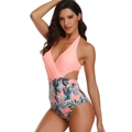 One-piece swimsuit with pink plunge neck top and tropical green leaf print bottom - M / Orange Leaf