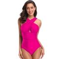 Chic rose red one-piece swimsuit with halter neck and shirred tummy control detail - S / Rose Red