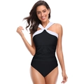 Elegant black and white one-piece swimsuit with crossover neck and tummy control ruffles - S / Black & White Stripes