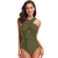 Olive green one-piece swimsuit with cross halter neck and ruched tummy control design - S / Dark Green
