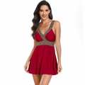 Close-up of wine red plus size swimdress with deep V-neck and black-gold woven trim - S / Burgundy