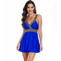 Detail of royal blue one-piece swimsuit featuring elegant V-neck and gold-black braided trim - S / Royal Blue