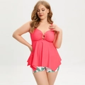 Zweiteiliger Badeanzug in Übergröße mit rosa Top und grünem Tropenblatt-Print-Shorts - XL / Wassermelonenrot