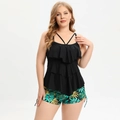 Plus size two-piece tankini set featuring black ruffle top and tropical palm print shorts - L / Top And Bottom / Black Leaf