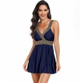 Detail of dark blue plus size swimsuit featuring gold chain trim and deep V-neckline - S / Navy Blue