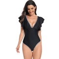 Detail shot of black one-piece swimsuit with ruffle sleeves and white wavy edge trim - S / Black