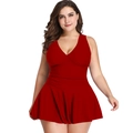 Plus size red one-piece swimdress with deep V-neck and ruched waist for women - L / Burgundy
