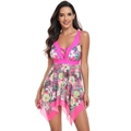 Detail of pink V-neck swimsuit dress featuring tropical floral prints and asymmetrical hem - S / Rose Red Pineapple Floral