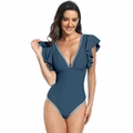 Detailed view of grey blue one piece swimsuit with ruffled sleeves and white scallop trim - S / Grey Blue