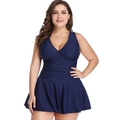 Plus size navy blue swim dress with V-neck design and slimming pleated waist details - 3XL / Navy Blue