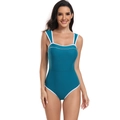 Detail view of teal one-piece swimsuit featuring contrast white piping and wide shoulder straps - S / Peacock Green One-Piece