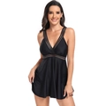 Détail du maillot de bain noir grande taille avec rayures en maille transparente et col en V - S / Noir (24077)