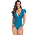 Detail of teal one-piece swimsuit with ruffle sleeves and white scalloped V-neck trim - S / Malachite green