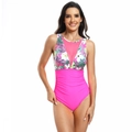 Women's one-piece athletic swimsuit with tropical floral print and ruched rose red bottom - S / Rose Red