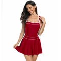 Women's dark red one-piece swimsuit with white trim and a stylish slim fit skirted design - S / Red 2-Piece Set