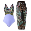 Women's two-piece set including a floral deep V-neck swimsuit and a matching lilac sarong - S / Purple One-Piece And Skirt