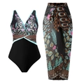 Two-piece black one-piece swimsuit and matching floral beach sarong set with V-neck - S / Black One-Piece And Skirt