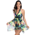 Detail of tropical floral print on a black halter-neck deep V-neck one-piece swimsuit - S / Black