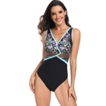Détail d'un maillot de bain une pièce à col en V avec imprimé floral et bordures - S / Une Pièce Noir