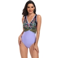 Détail d'un maillot de bain une pièce à fleurs avec col en V profond et bas lilas - S / Une Pièce Violet